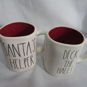 RAE DUNN CHRISTMAS MUGS PAIR  WHITE WITH  RED INSIDE NEW
